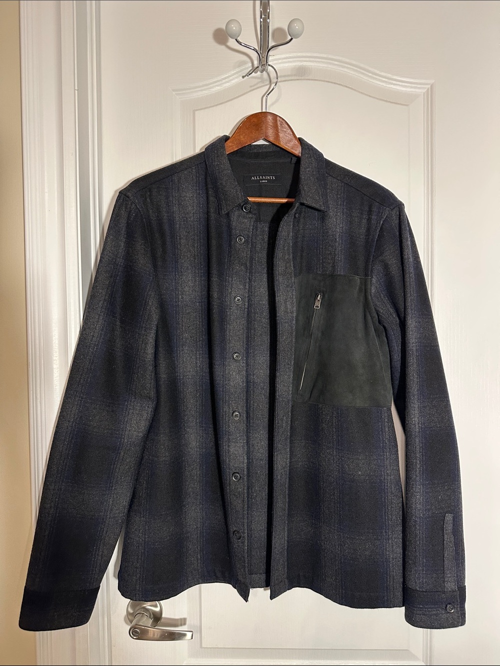 All Saints Men's Black and Gray Plaid Overshirt with Suede Chest Pocket
